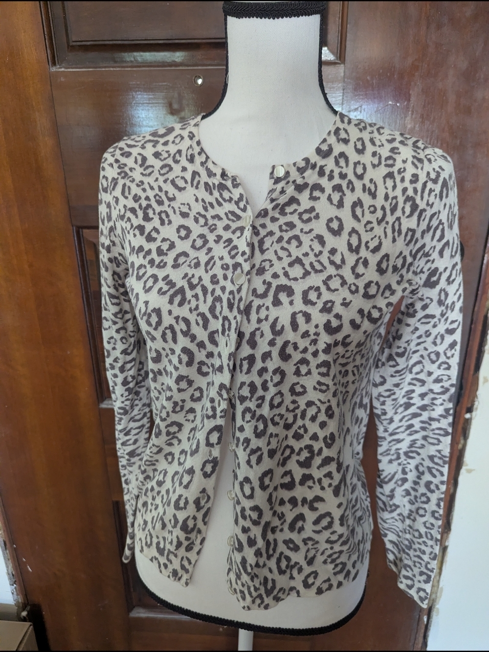 Ann Taylor Light Beige and Taupe Leopard-Print Cardigan